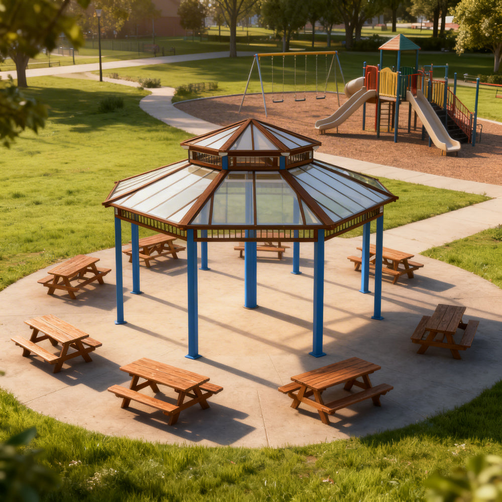 Detail shot of steel roof panels and support beams on octagon gazebo