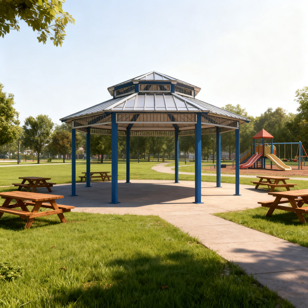 Front view of octagon steel gazebo featuring vented two‑tier roof design