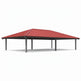 Rectangular steel pavilion with green hip roof and multiple support columns