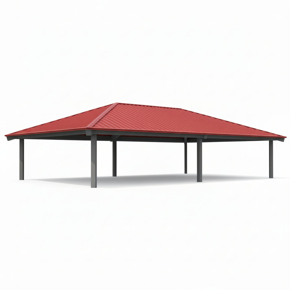 Rectangular steel pavilion with green hip roof and multiple support columns