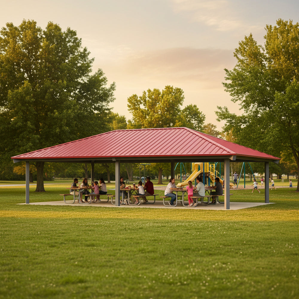 Side angle of rectangular steel gazebo with open‑air layout and green roof