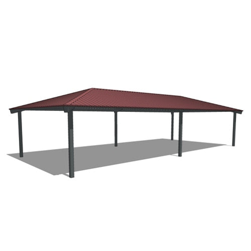 Full product view of rectangular steel shelter with hip roof and modern design