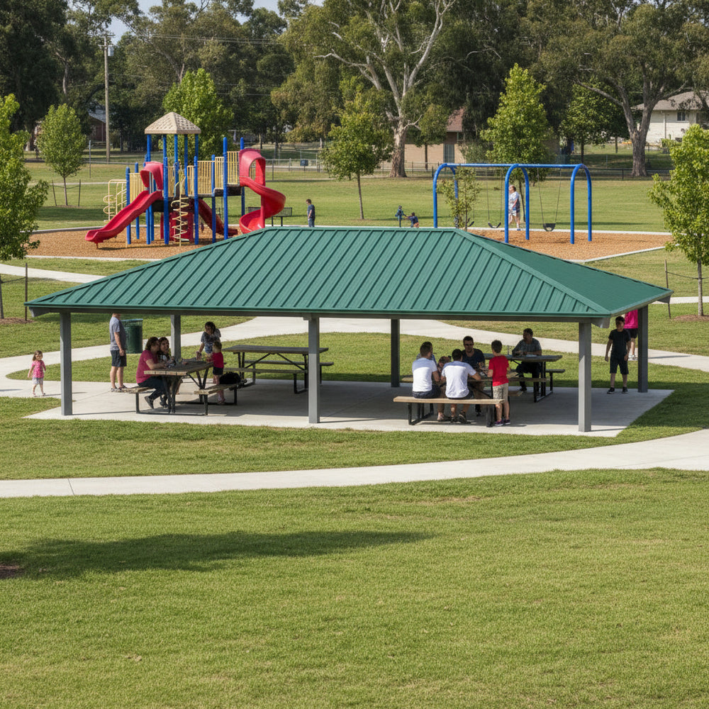 Front view of rectangular metal pavilion featuring one‑tier hip roof