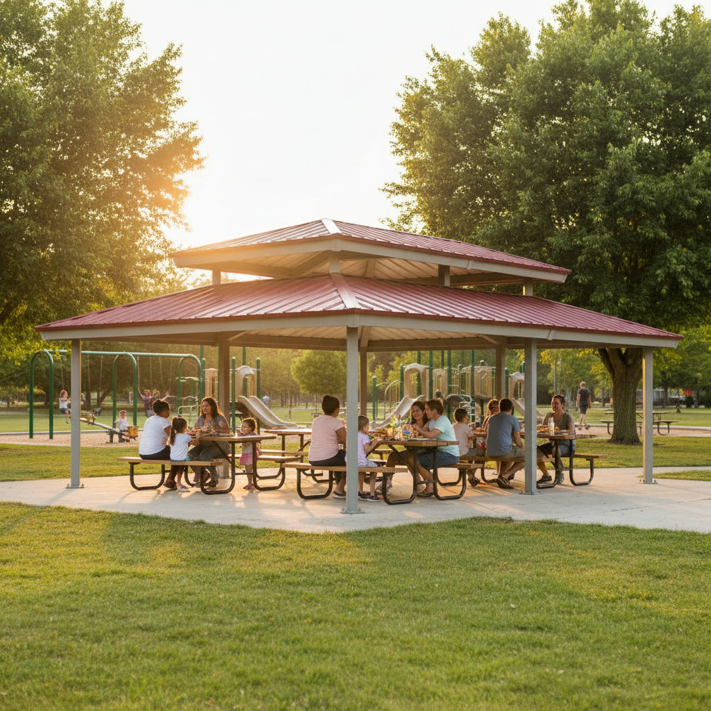 Front view of rectangular metal pavilion featuring vented two‑tier roof