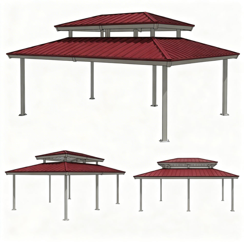 Three‑quarter view of large steel pavilion with red roof and grey columns