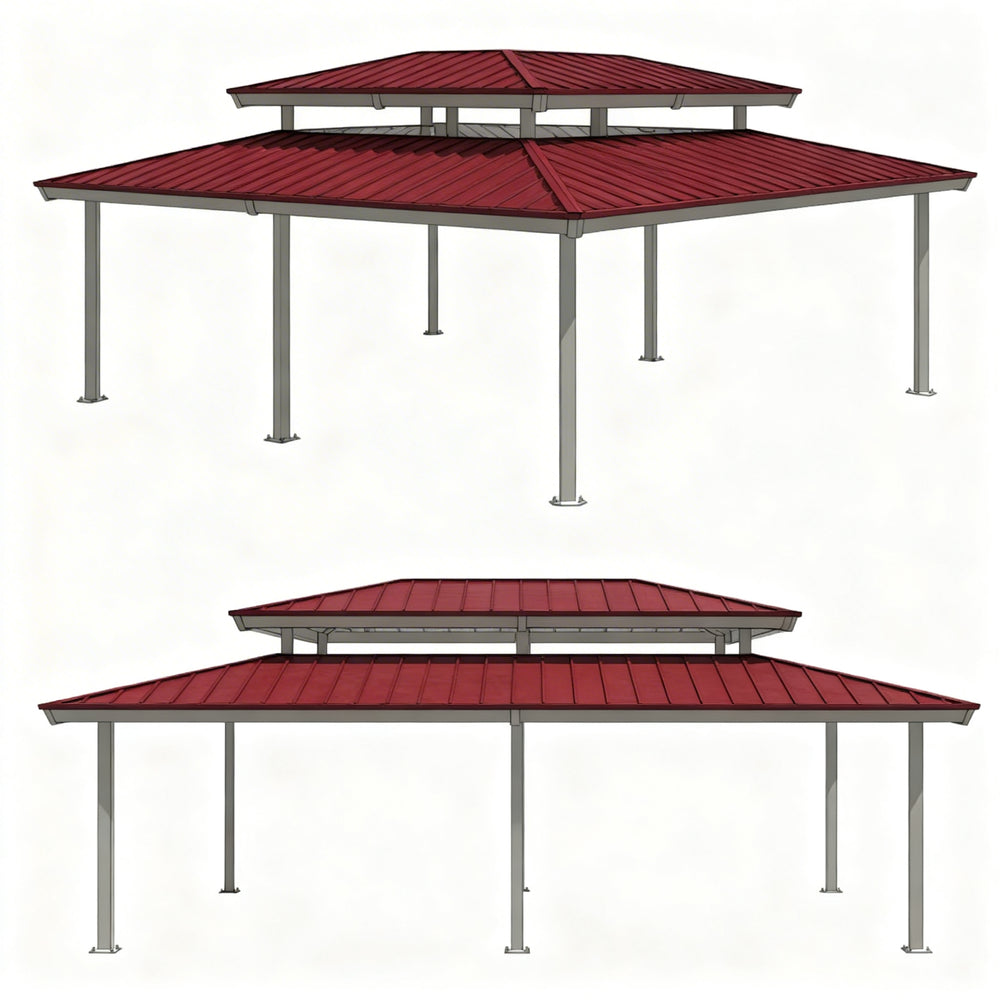 Close‑up of steel roof panels and structural columns on two‑tier pavilion