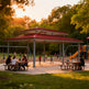 Side angle of rectangular steel gazebo with open‑air layout and raised roof section.