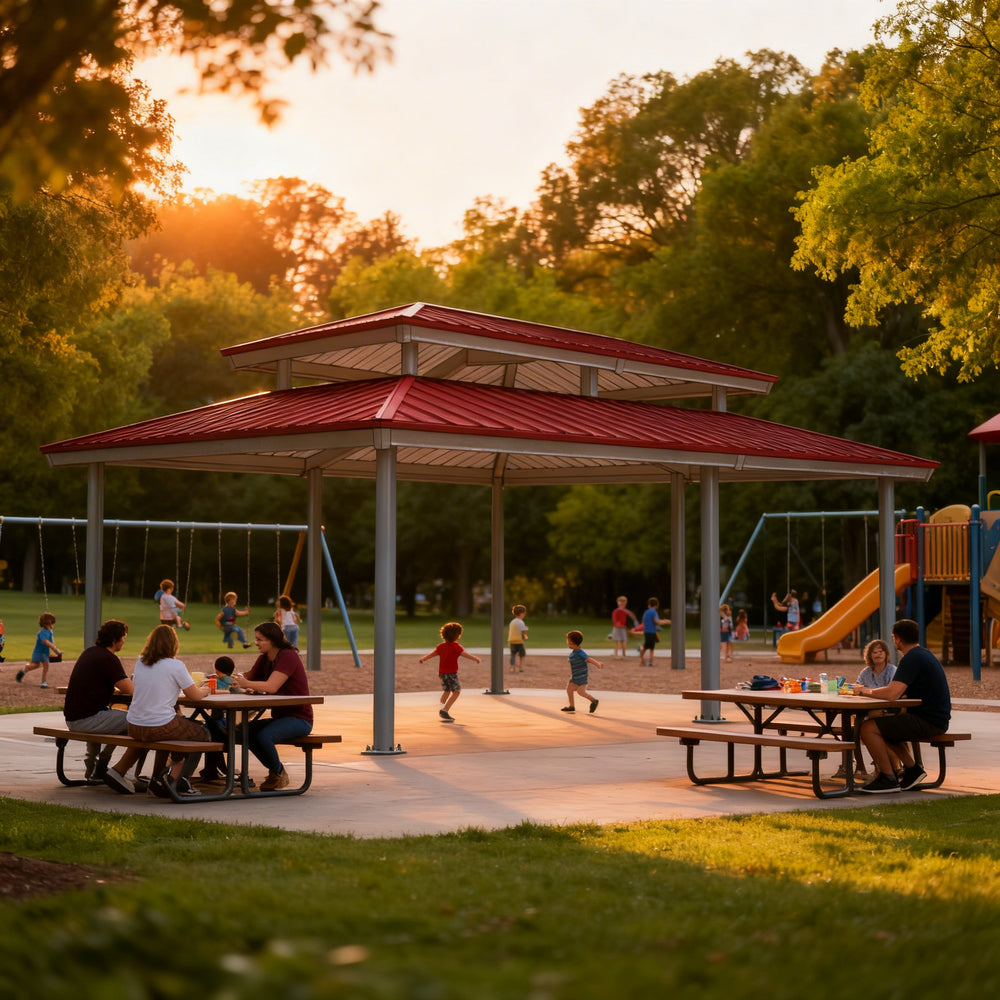Side angle of rectangular steel gazebo with open‑air layout and raised roof section.
