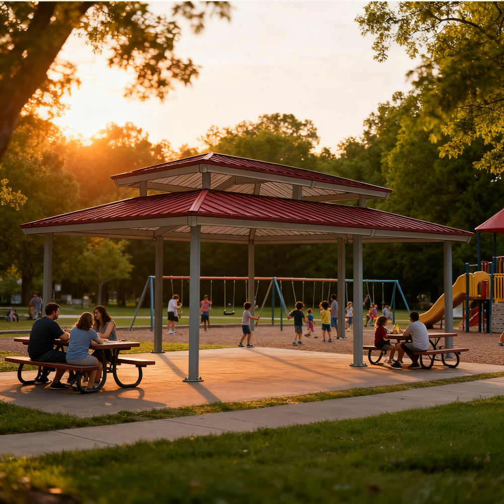 Full product view of rectangular steel shelter with two‑tier hip roof and modern design