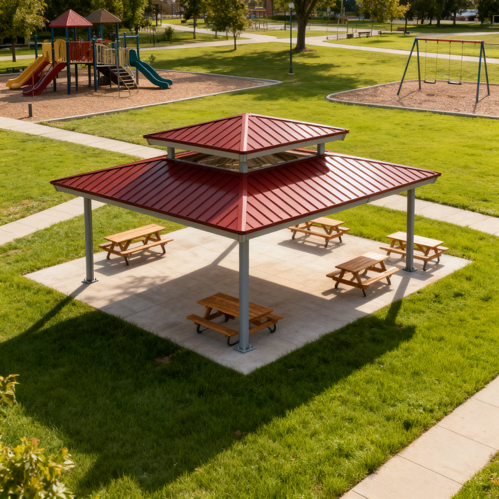 Three‑quarter view of large steel pavilion with red roof and grey columns