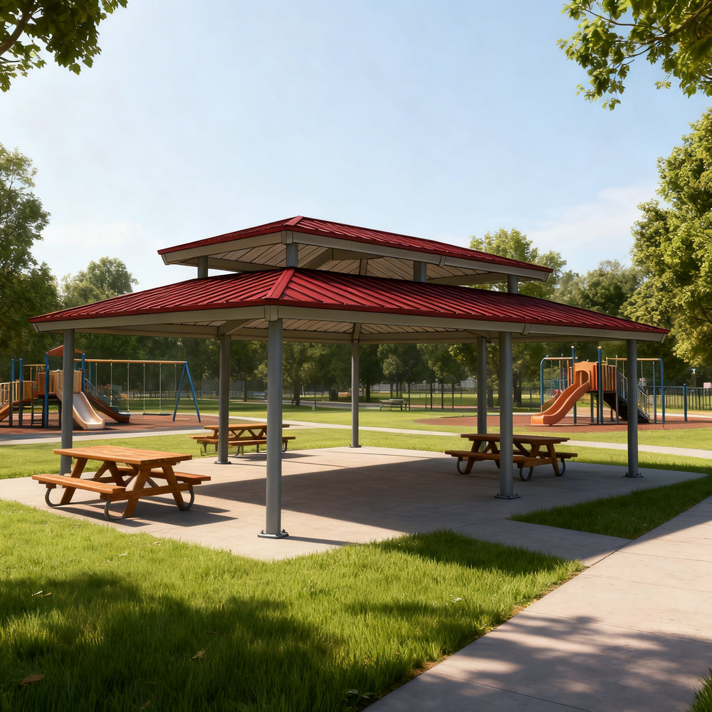 Outdoor architectural pavilion with red metal roof and rectangular steel frame