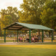 Full product view of rectangular steel shelter with gabled roof and modern design.