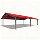 Rectangular gabled steel shelter with red roof and grey support columns