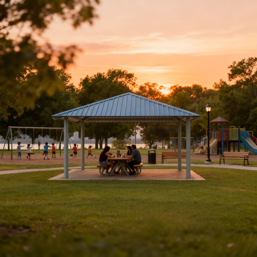 Square steel gazebo with blue metal hip roof and four support columns