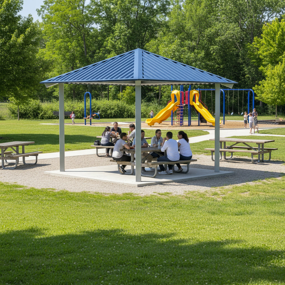 Outdoor architectural square pavilion with metal roof and steel frame