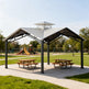Square steel gazebo with cupola roof and exposed cross‑beam structure