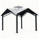 Front view of square metal pavilion featuring cupola‑vented roof
