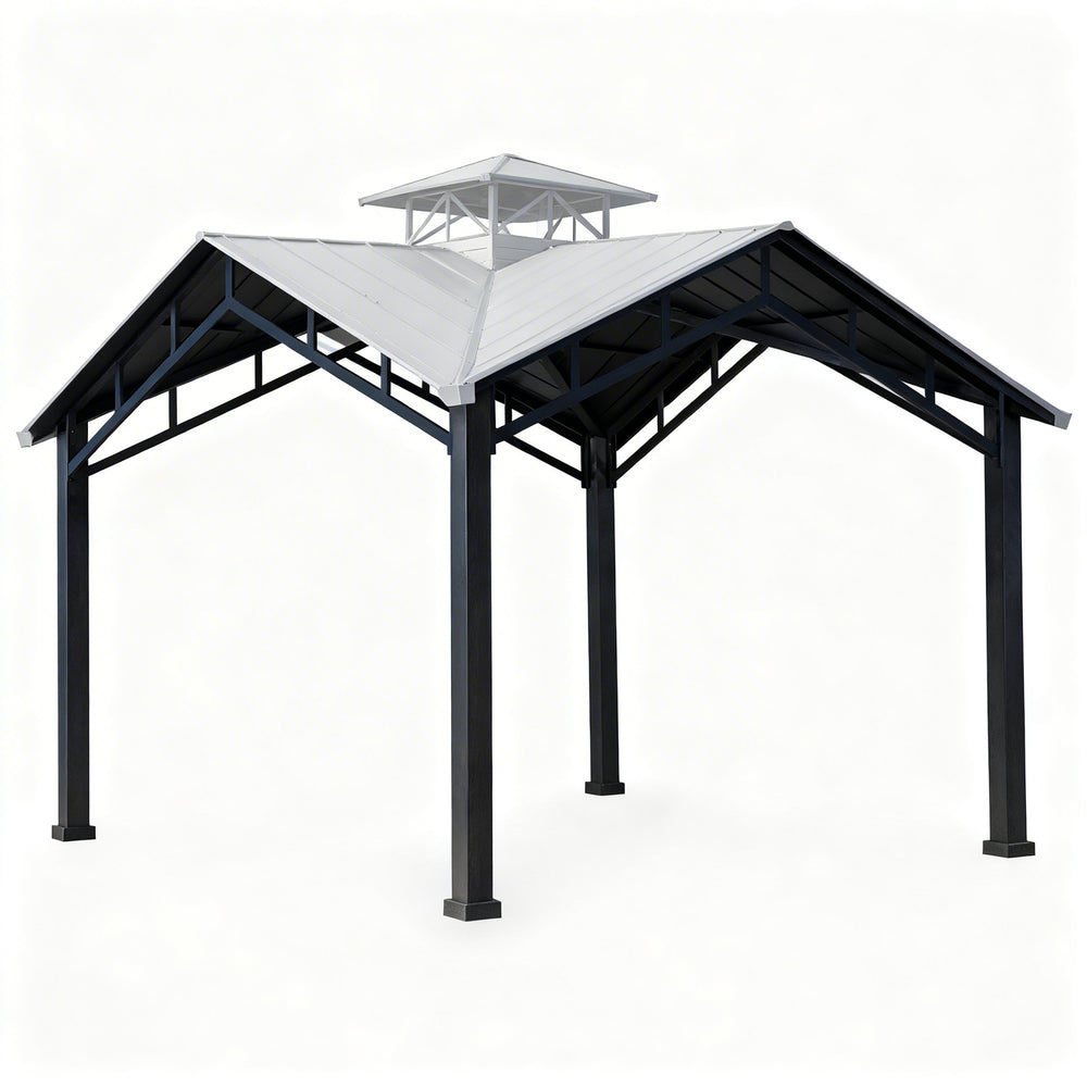 Front view of square metal pavilion featuring cupola‑vented roof