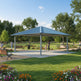 Square steel gazebo with blue metal hip roof and four support columns