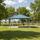 Square steel gazebo with blue metal hip roof and four support columns
