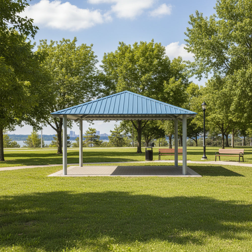 Square steel gazebo with blue metal hip roof and four support columns