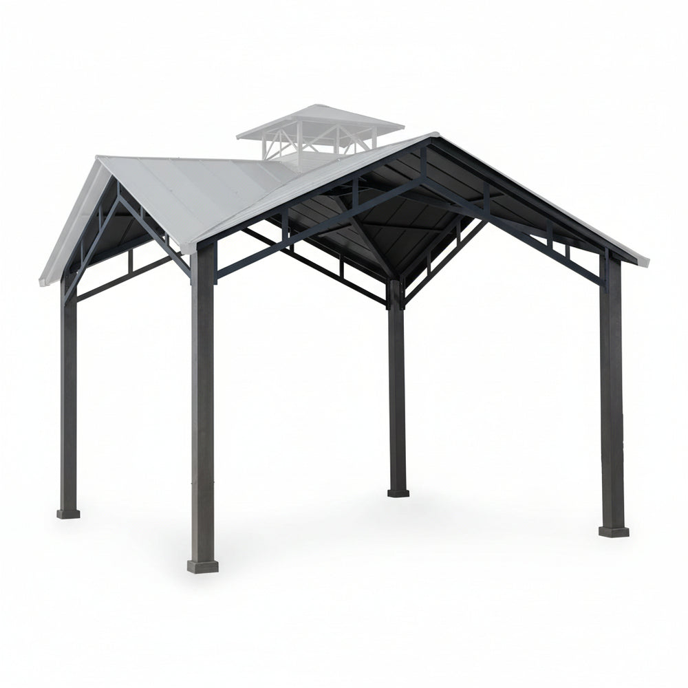 Side angle of square steel shelter with open‑air layout and cupola