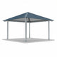 Front view of square metal pavilion featuring one‑tier hip roof.
