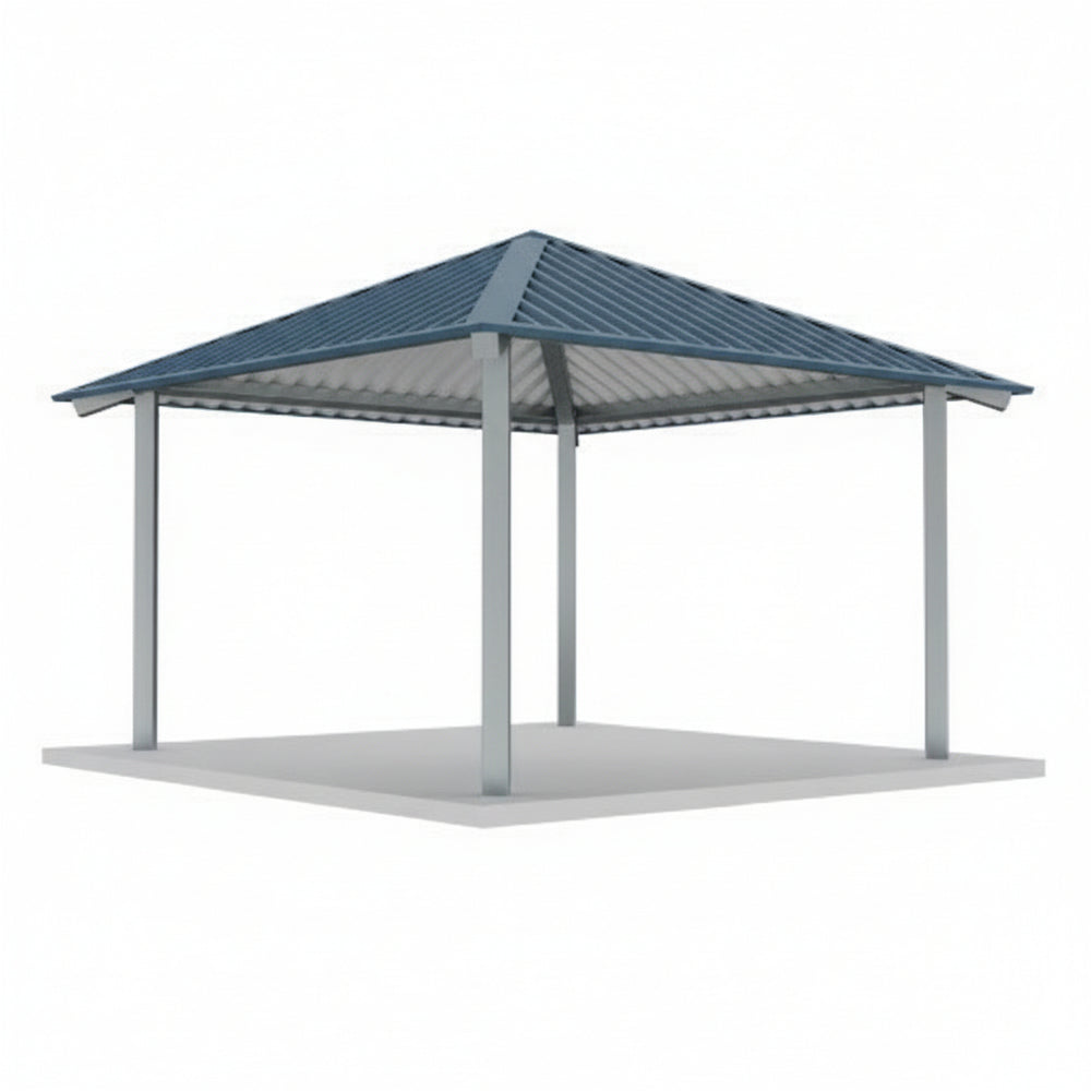 Front view of square metal pavilion featuring one‑tier hip roof.
