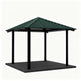 Square steel gazebo with blue metal hip roof and four support columns
