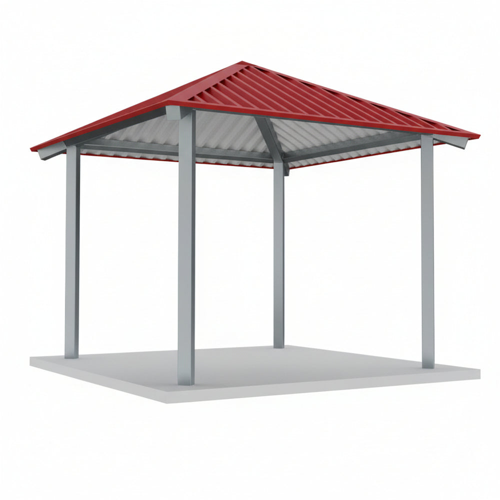 Front view of square metal pavilion featuring one‑tier hip roof.