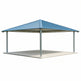 Square steel gazebo with blue metal hip roof and four support columns