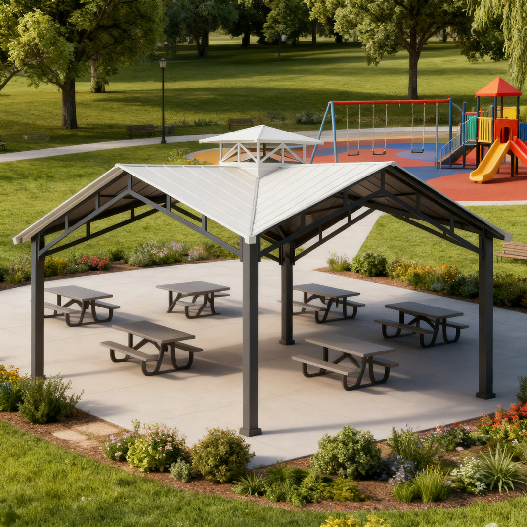 Side angle of square steel shelter with open‑air layout and cupola