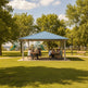 Full product view of square steel gazebo with hip roof and modern design.