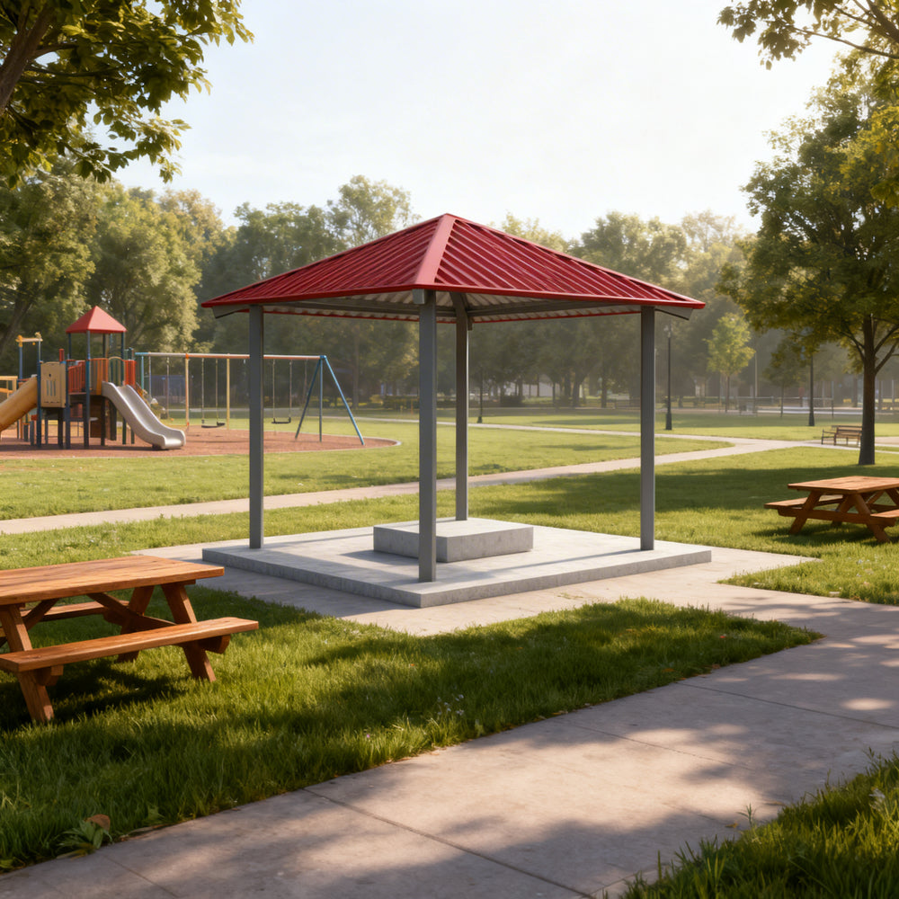 Three‑quarter view of square steel pavilion with blue roof and grey columns