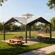 Square steel gazebo with cupola photographed on concrete base