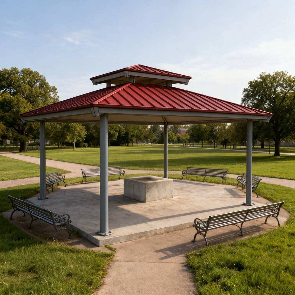 Square two‑tier steel gazebo photographed on concrete base