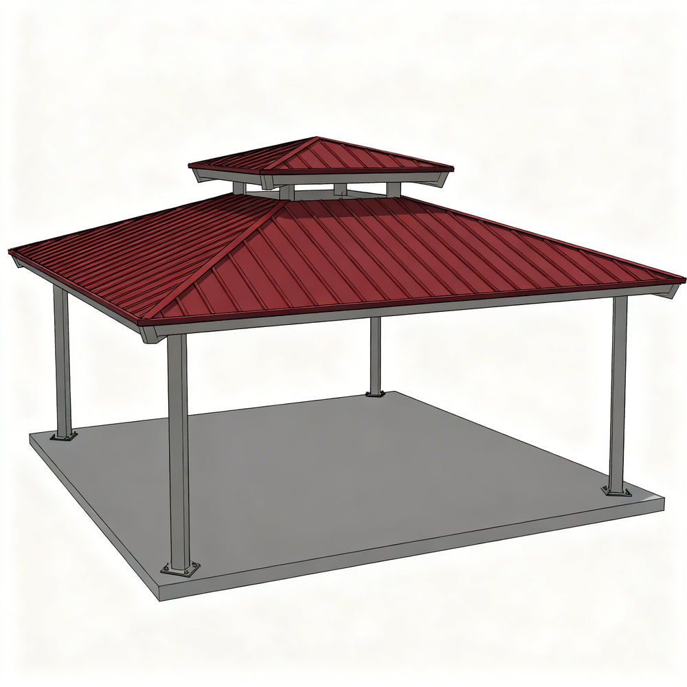 Full product view of square steel gazebo with two‑tier hip roof and modern design
