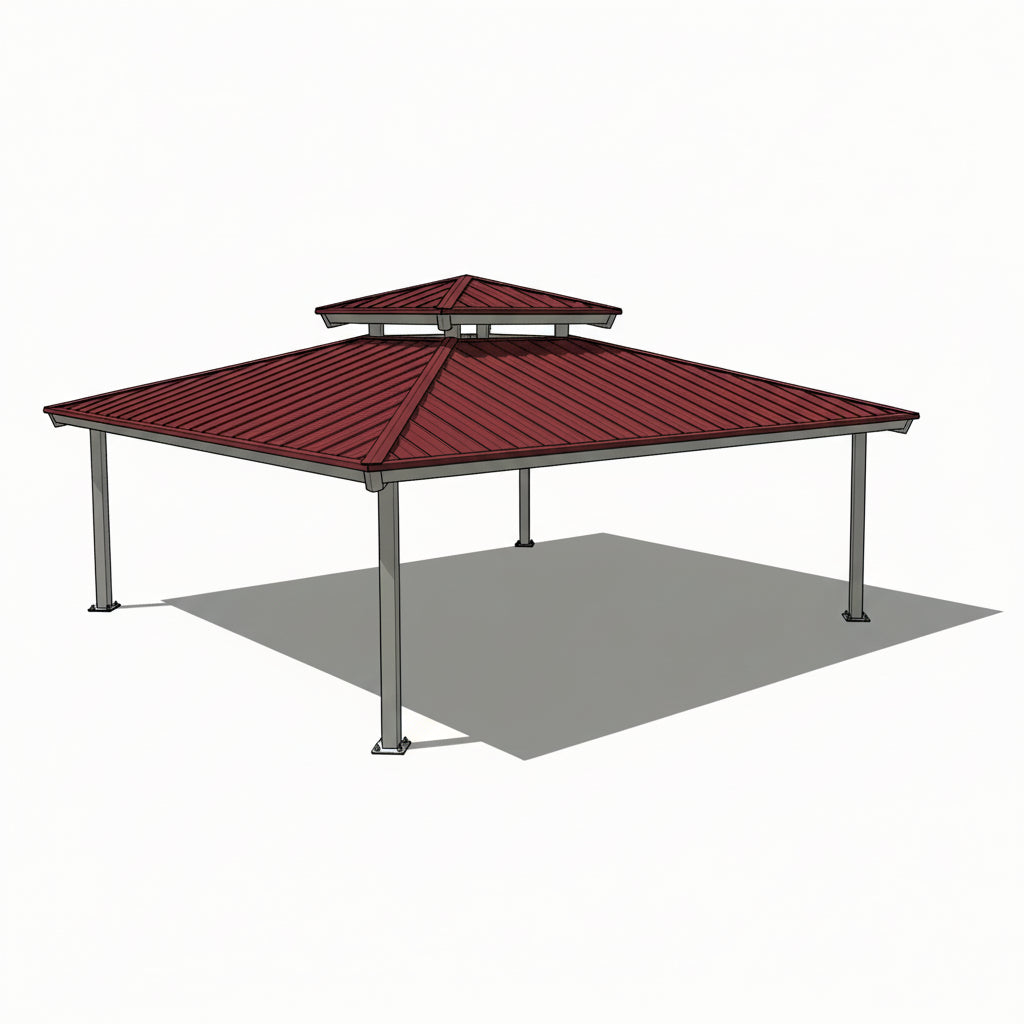 Square two‑tier steel gazebo with red hip roof and four support columns