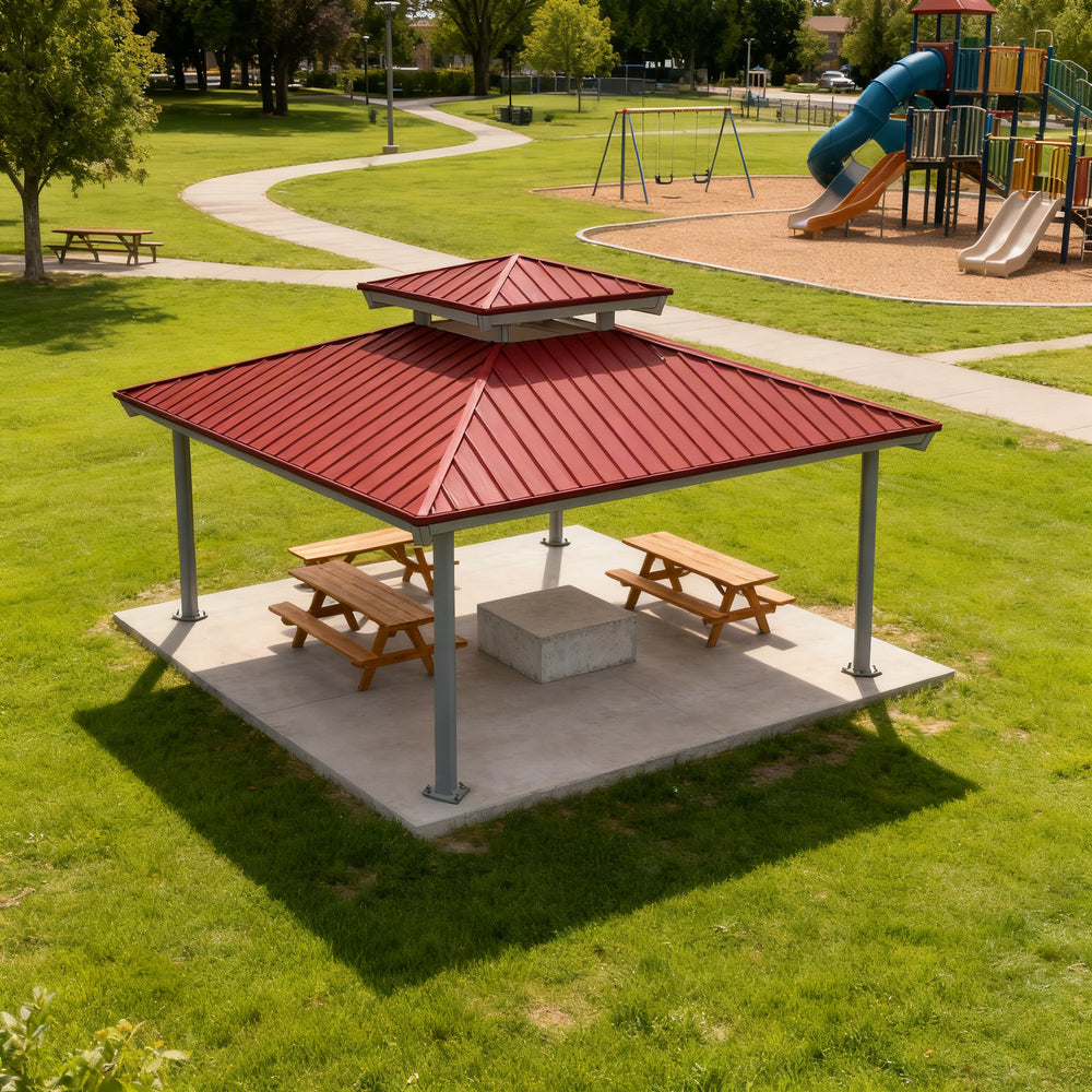 Three‑quarter view of square steel pavilion with red roof and grey columns