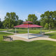 Outdoor architectural square pavilion with metal roof and steel frame