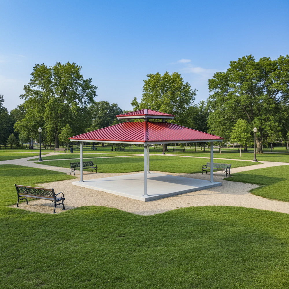 Outdoor architectural square pavilion with metal roof and steel frame
