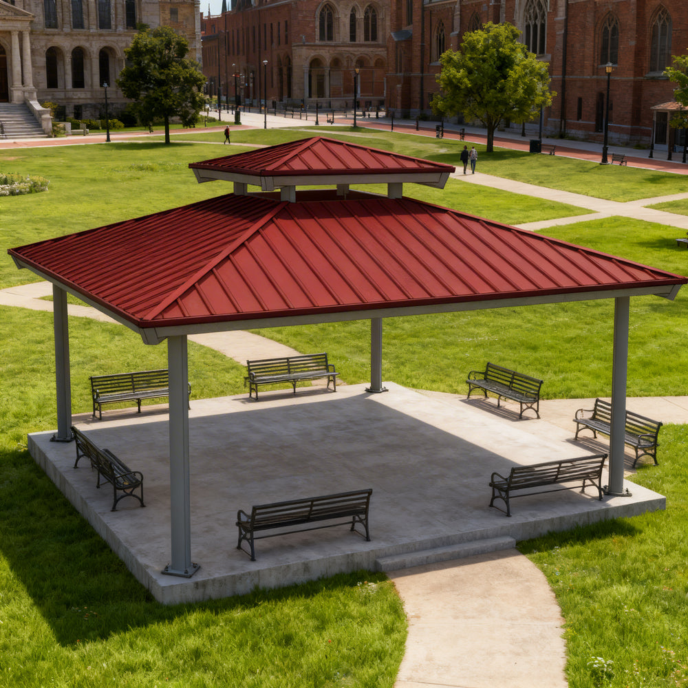 Square two‑tier steel gazebo photographed on concrete base