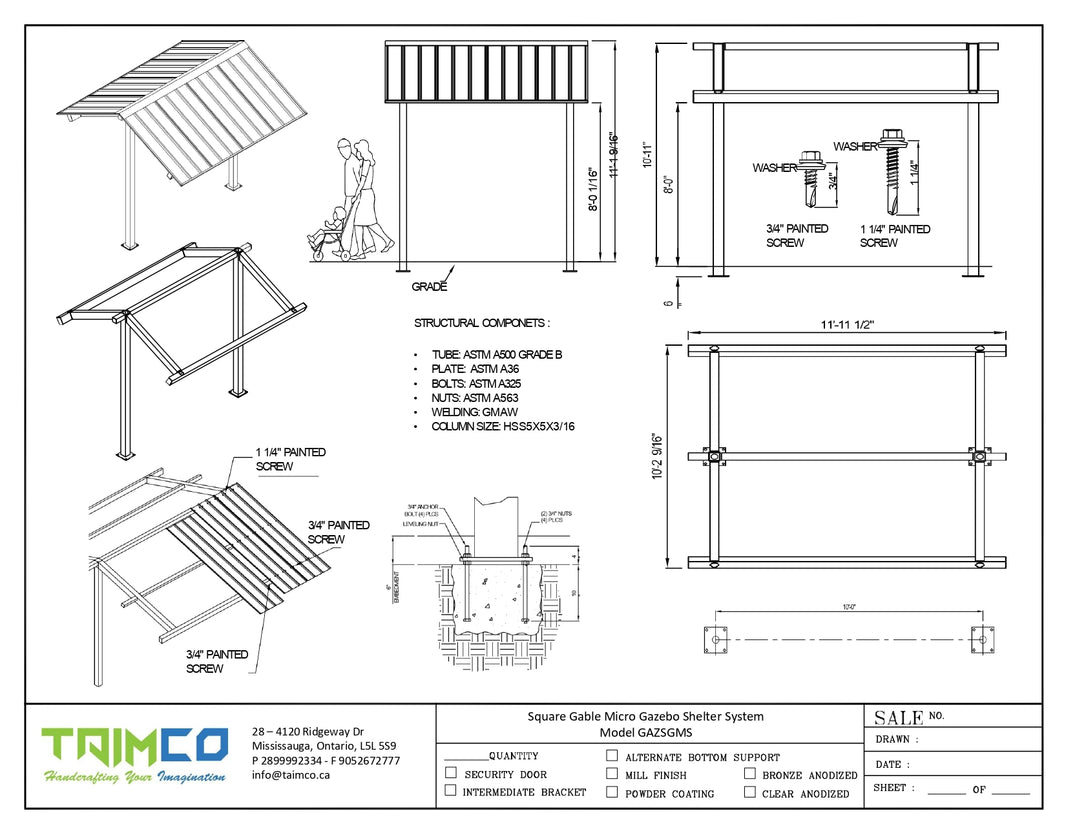 Square Gable Micro Gazebo Shelter System With Benches Model GAZSGMS