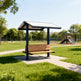 Full product view of square steel gazebo with integrated benches
