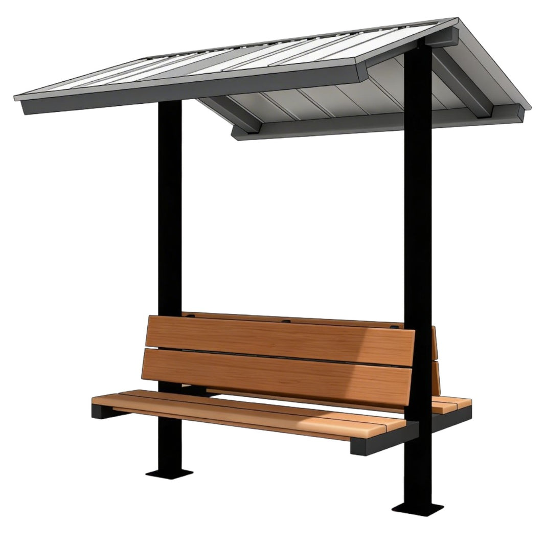 Square micro gazebo shelter with gable roof and integrated benches