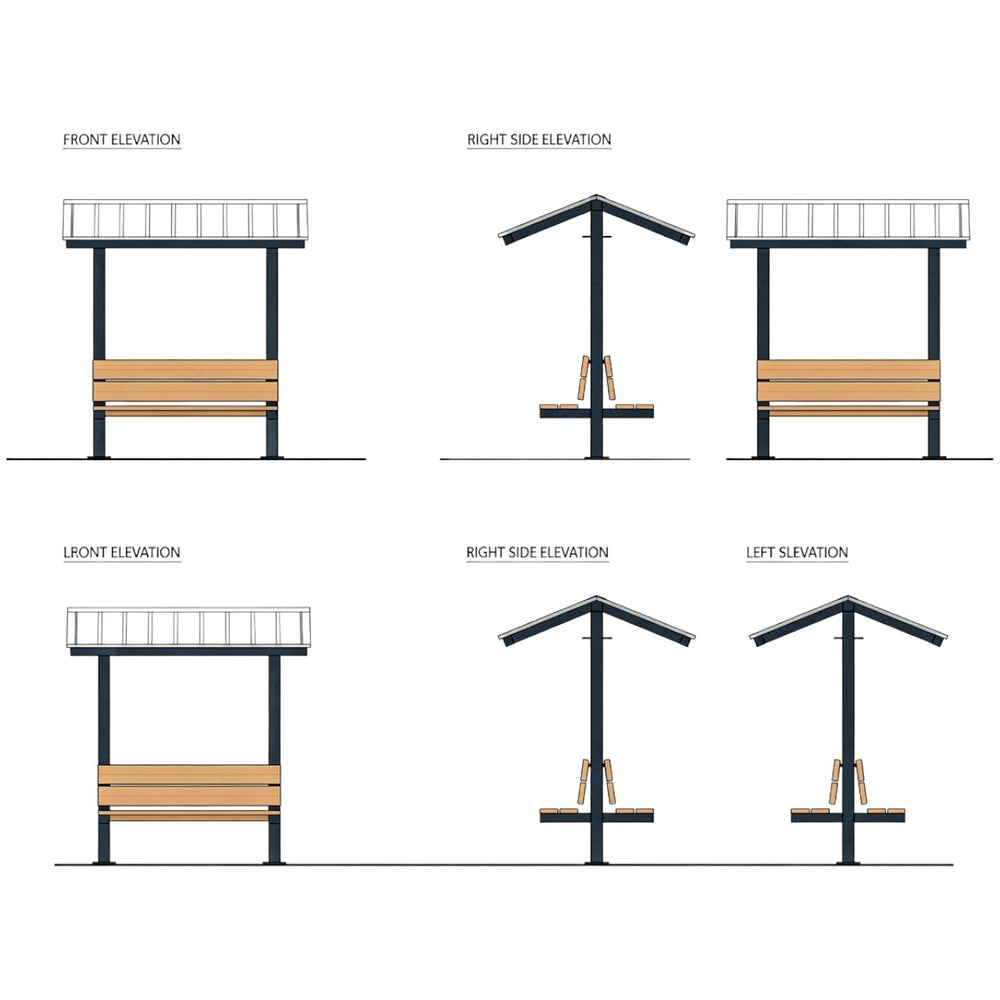 Three‑quarter view of micro steel pavilion with gable roof and seating