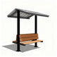 Side angle of square gable‑roof micro pavilion with benche