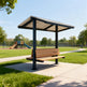 Front view of compact steel shelter with built‑in seating