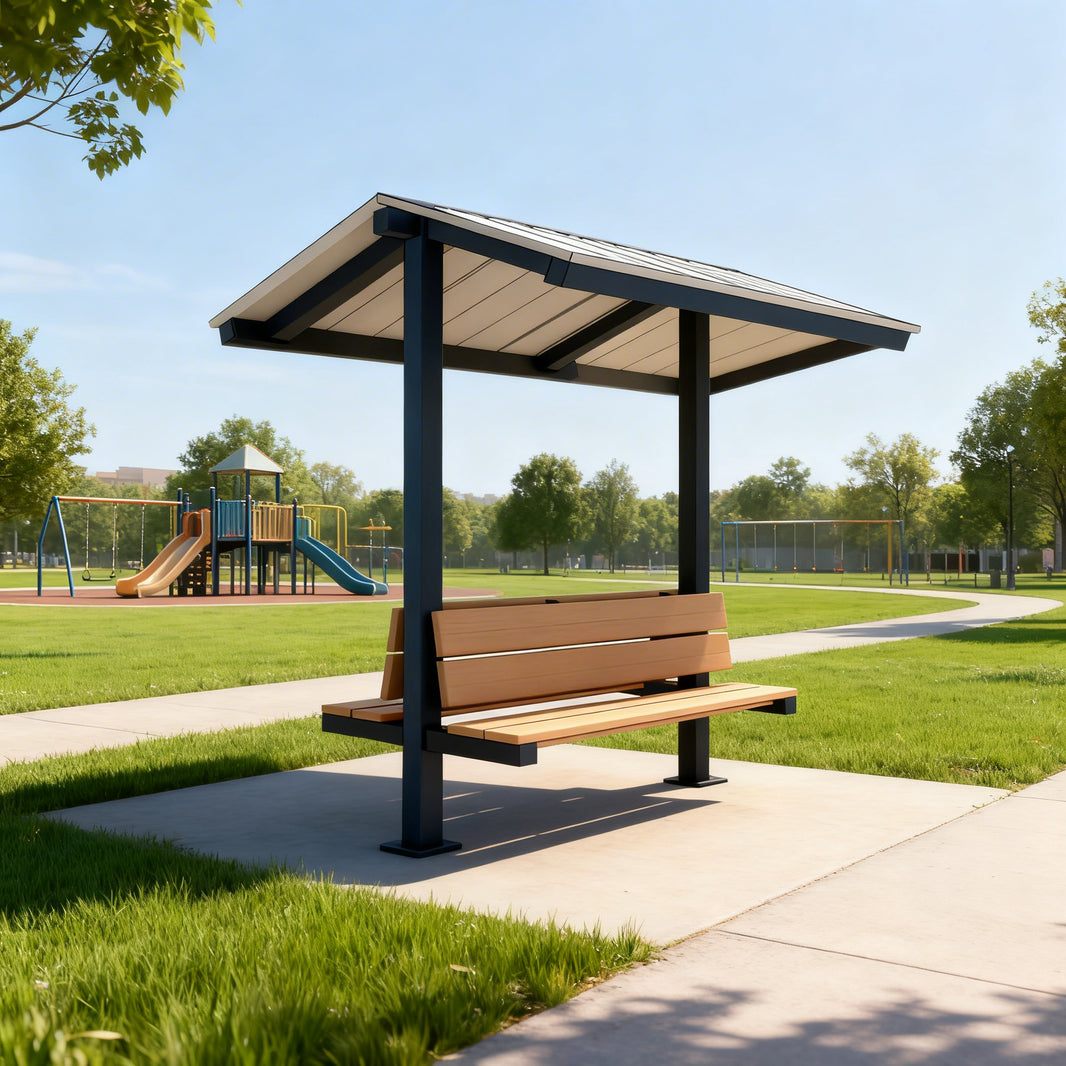 Front view of compact steel shelter with built‑in seating