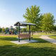 Square micro gazebo shelter with gable roof and integrated benches